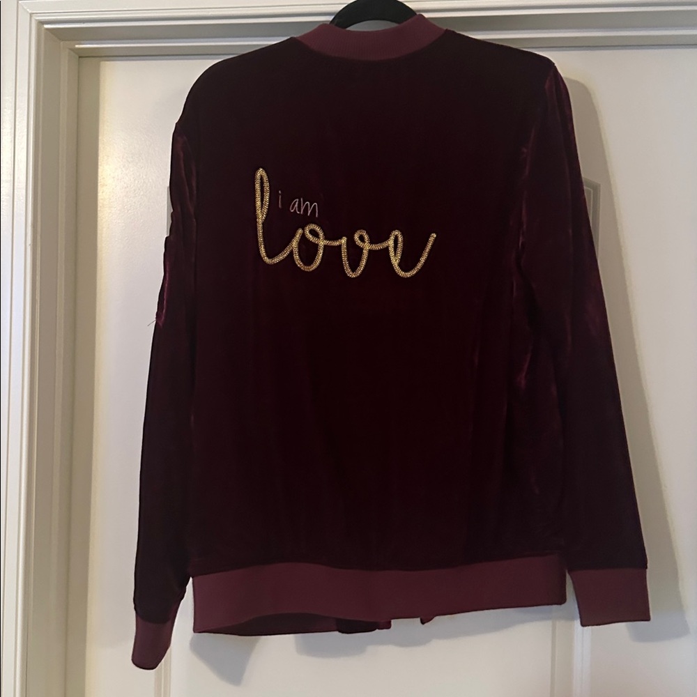 Peace Love World Deep Burgundy Velvet Bomber Jacket-Embroidered with I Am Love